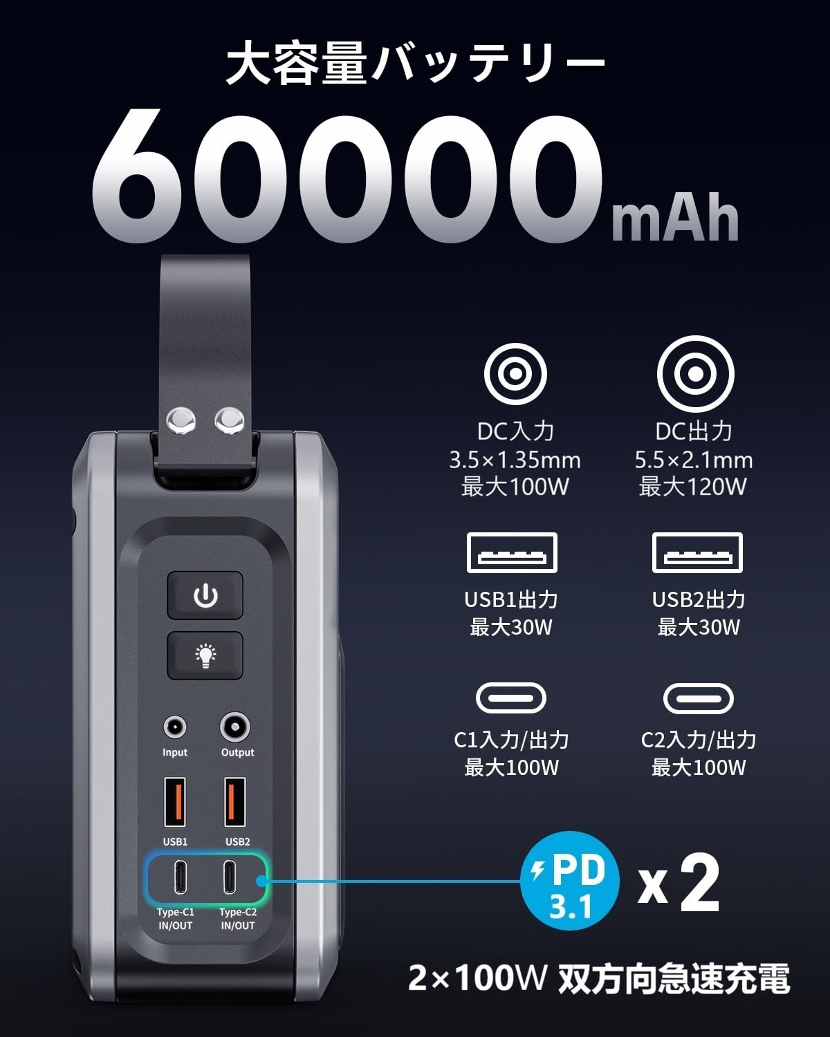 Amazon.co.jp: ポータブル電源 小型 ポタ電 急速充電 大容量 60000mAh